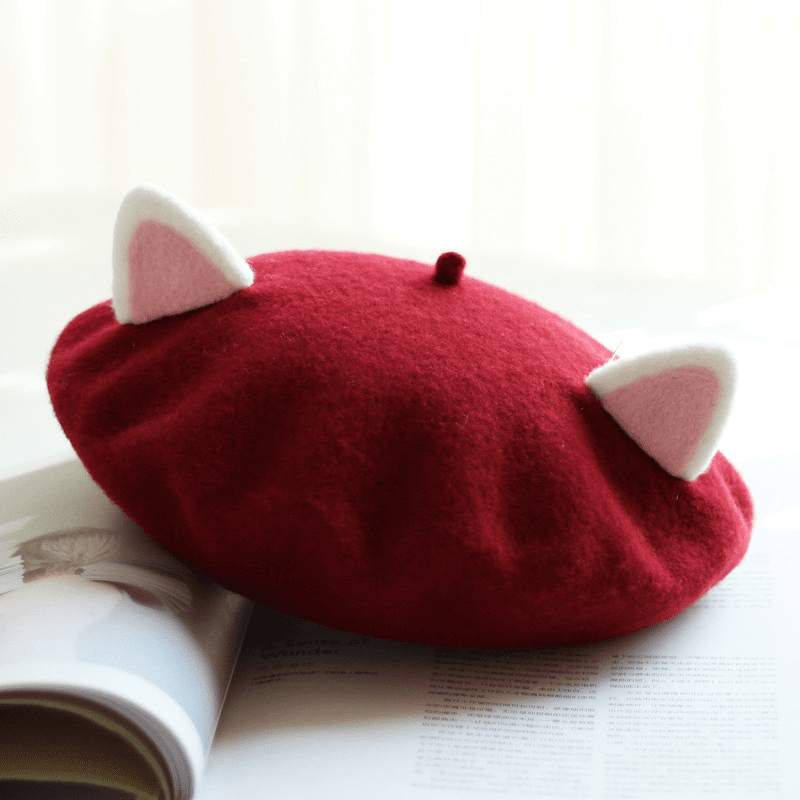 red cat ears beret