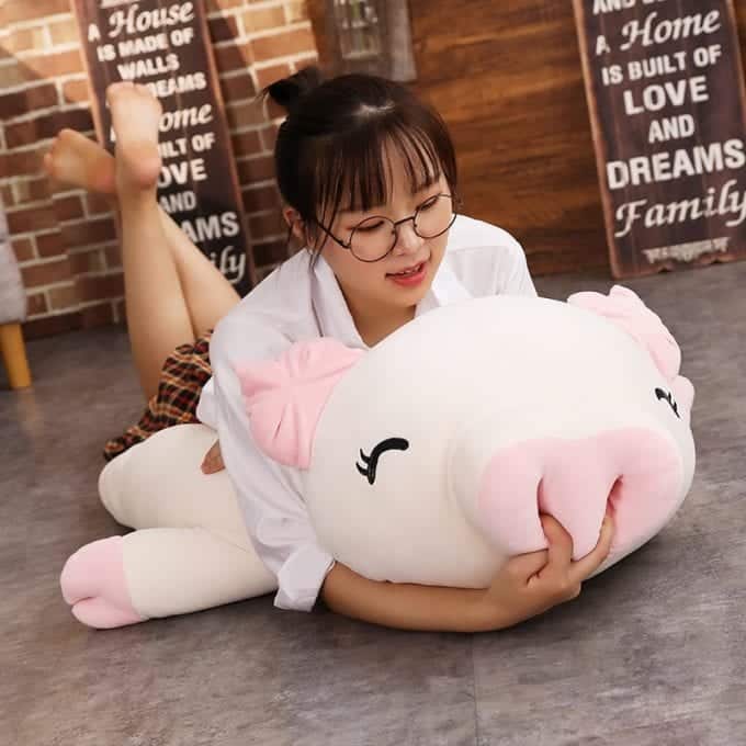 sleeping pig plush, kawaii pig stuffed animal, kawaii pig plush, cute pig plush toy, long plush pillow